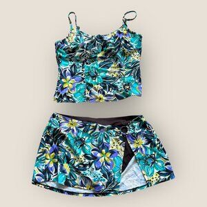 St Johns Bay Tropical Floral Two Piece Tankini Swimsuit Skirted Bottom Womens 12